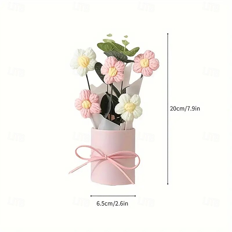 Handmade Woven Yarn Artificial Flower Bouquet - 1 Set Including Fabric Woven Flowers Plastic Bucket Wrapping Paper 5 Yarn Crochet Flowers - Suitable for Gifts Home Decoration3