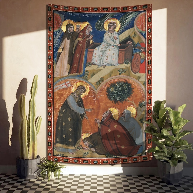 Medieval Tapestry Middle Age Tapestry Gothic Art Large Tapestry Mural Decor Photograph Backdrop Curtain Home Bedroom Living Room Manuscript Illumination with Scenes of Easter in an Initial A4