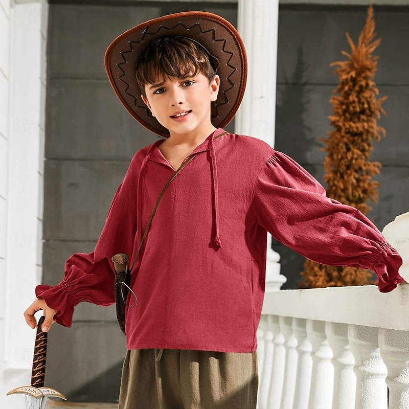 Retro Vintage Medieval Renaissance Shirt Pirate Viking Lace up Solid Color Fancy Dress Boys' Pirate Halloween Carnival Children's Day Vacation Casual Daily LARP Kid's Shirt Spring & Summer