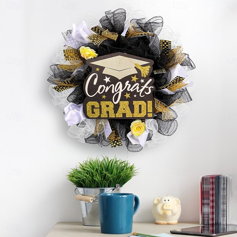 Graduation Party Wreath Decor, Congrats Tassel Wreath with Mesh, Graduation Cap Wooden Sign, Classroom Door Hanging Decoration3