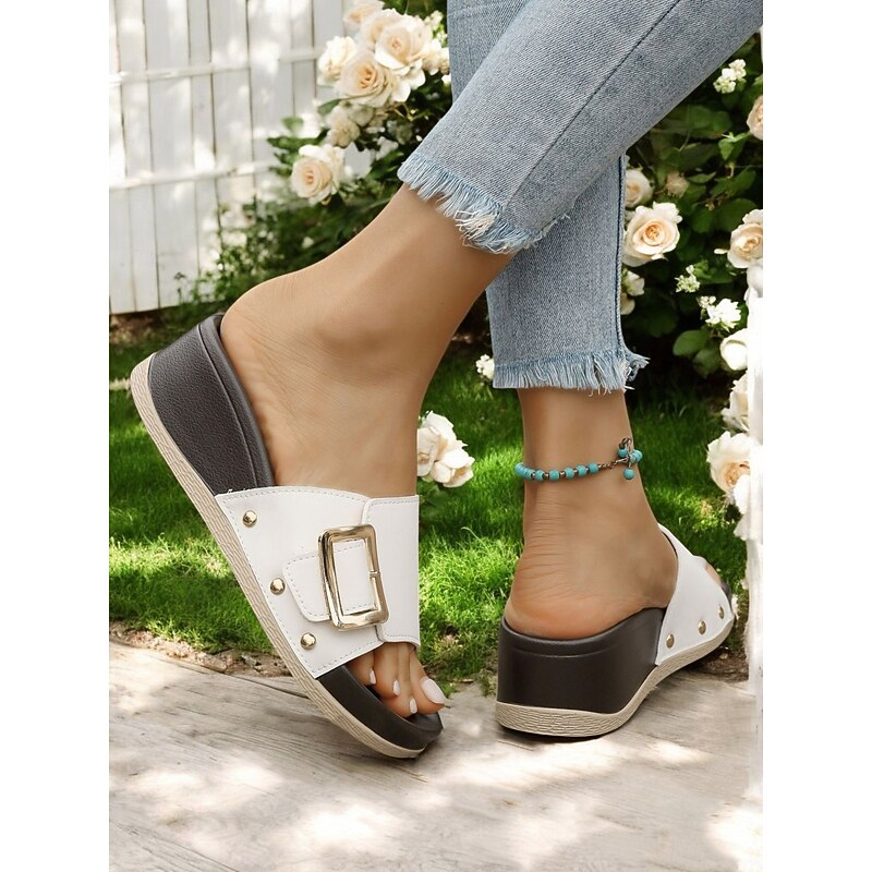 Chic Wedge Slide Sandals for Women - Comfortable Casual Wear with Stylish Buckle and Rivet Details, Perfect for Leisure or Weekend Outings4