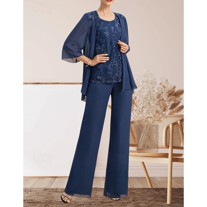Pantsuit 3 Piece Mother of the Bride Dress Wedding Guest Elegant Crew Neck Floor Length Chiffon Lace 3/4 Length Sleeve with Lace4
