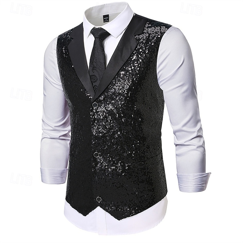Men's Vest Waistcoat Gilet Vacation Party Business Party Spring &  Fall Buttons Pocket Sequin Polyester Comfortable Plain Single Breasted Lapel Regular Fit Silver Black Gold Vest2