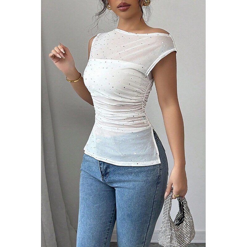 Women's Blouse Plain Modern Casual Sleeveless Crew Neck Regular Tops Daily Holiday Sequins Patchwork White Summer4