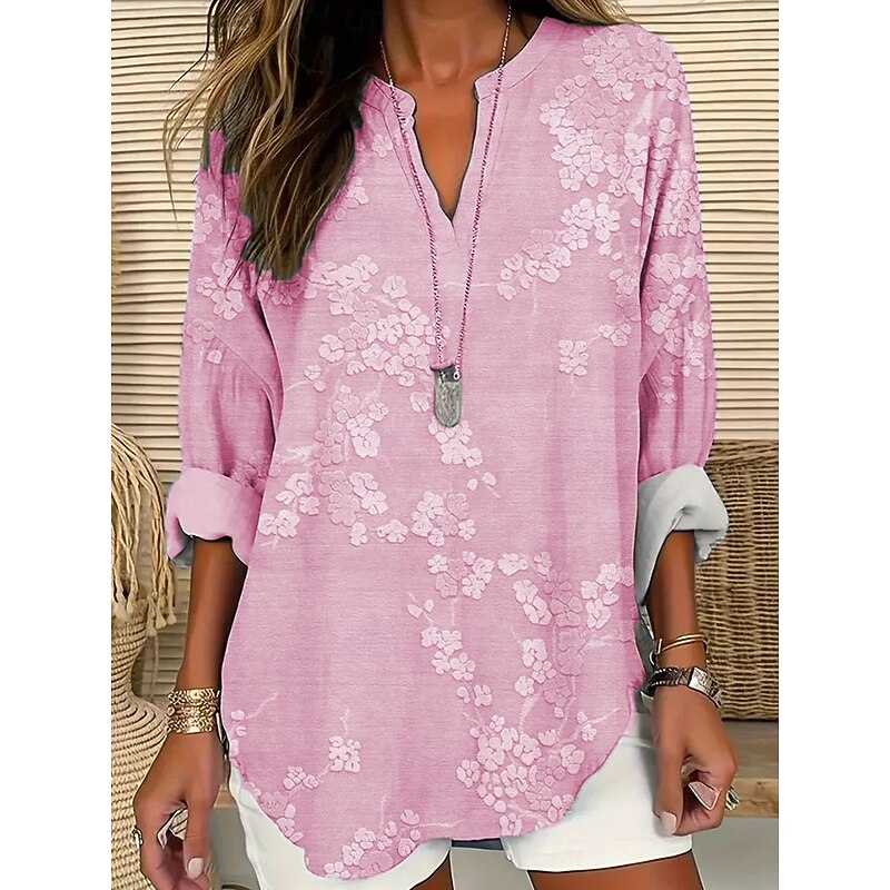 Women's Blouse Tunic V Neck Long Sleeve Boho Casual Tops 3D Print Floral Graphic Vintage Tropical Regular Tops Daily Wear Print White Yellow Pink Blue Khaki3