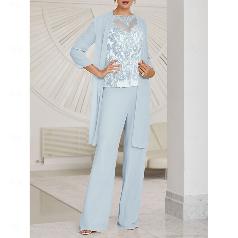 Pantsuit 3 Piece Mother of the Bride  Wedding Guest Elegant Illusion Neck Floor Length Chiffon Lace Long Sleeve with Ruching Solid Color4