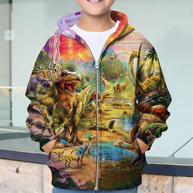 Boys 3D Dinosaur Hoodie Coat Outerwear Long Sleeve Spring Fall Adorable Sport Kids 4-12 Years Zip Street Daily Regular Fit3