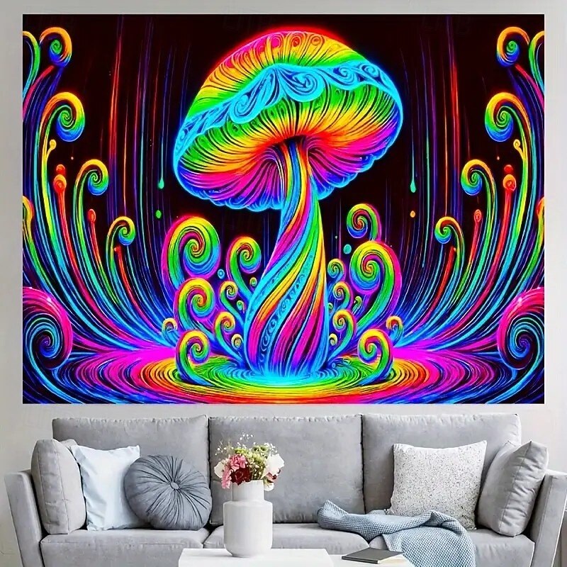 Blacklight Tapestry Glow in the Dark Glow Party UV Reactive Trippy Misty Mushroom Nature Landscape Hanging Tapestry Wall Art Mural for Living Room Bedroom2