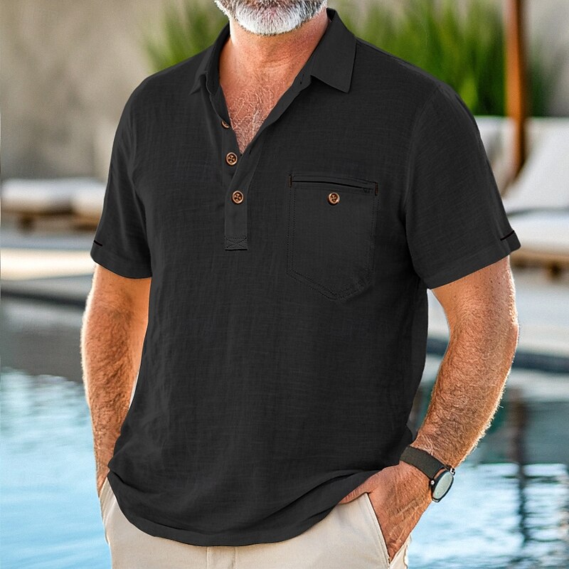 55% Linen Men's Polo Business Casual Classic Short Sleeve Vacation Comfortable Solid Color Buttons Pocket Summer Spring Regular Fit Black White Royal Blue Khaki Army Green Light Blue Polo2