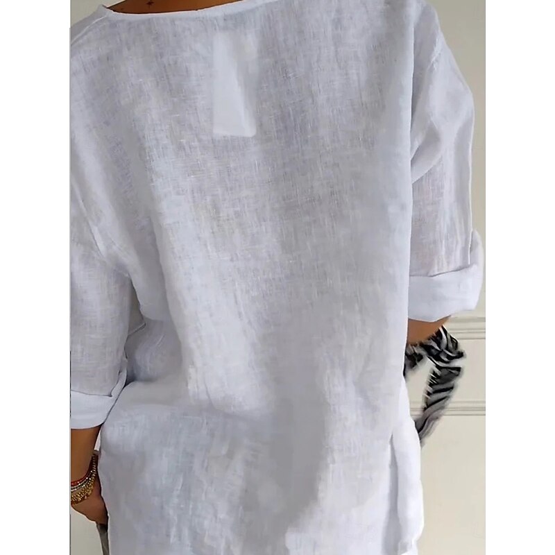 Women's Cotton Linen Mini Dress Shirt Dress Basic Casual Vacation Daily Regular Fit Plain 3/4 Length Sleeve V Neck Black White Red Green Summer3