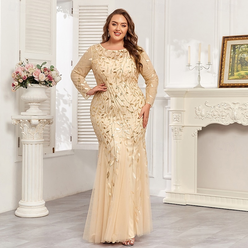 Mermaid / Trumpet Evening Gown Sparkle Formal Dress Formal Floor Length Long Sleeve Crew Neck Champagne Mother Of the Bride Dress Tulle with Embroidery 20253