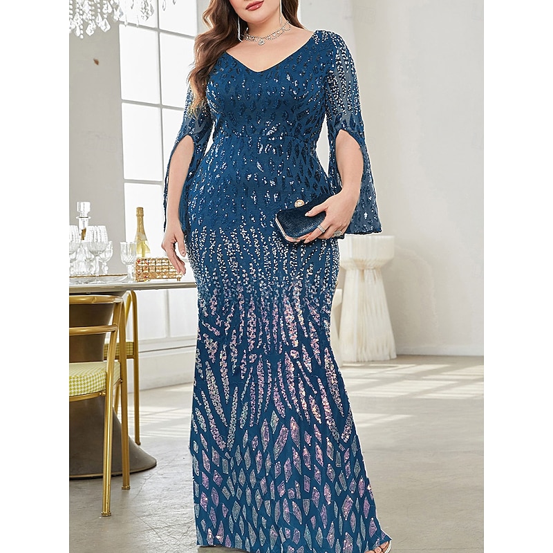 Plus Size Dress Mother of the Bride Curve Dress Elegant Party V Neck Floor Length Spandex Long Sleeve with Sequin2