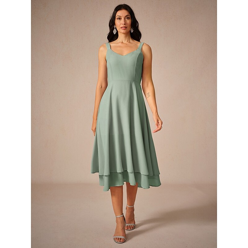 Women's Tea Length Chiffon Dress Elegant Flowy Wedding Guest Date Regular Fit Solid Color Sleeveless Square Neck Sage Green Summer3