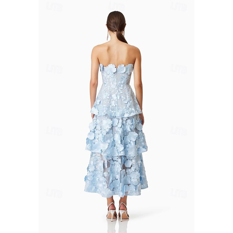 A-LineCocktail Dresses Tiered Dress Semi Formal Wedding Midi Length Sleeveless Off Shoulder with Floral Embroidered Lace Appliques2
