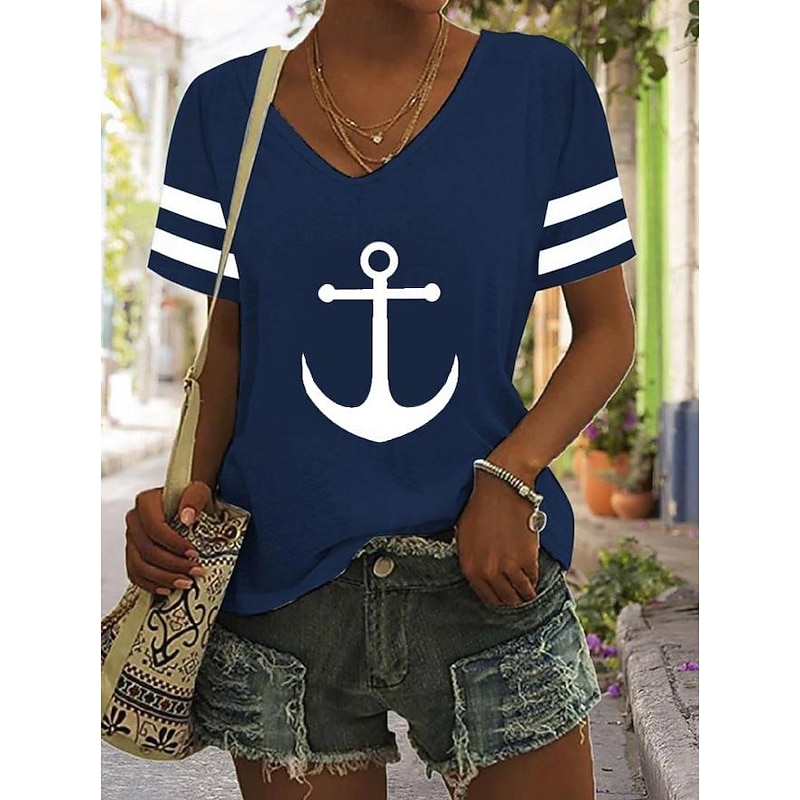 Women's T Shirt Ocean Striped Casual Short Sleeve V Neck Regular Tops Daily Going out Weekend Print Black White Red Blue Green Summer3