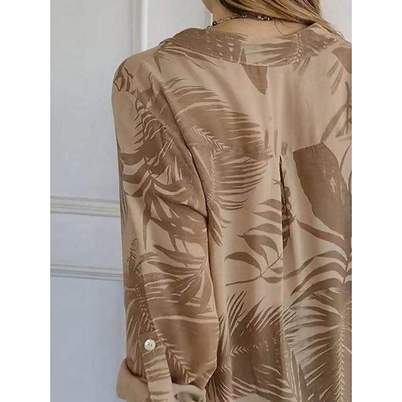 Women's Shirt Blouse Leaf Stylish Modern Long Sleeve V Neck Regular Tops Daily Holiday Buttons Print White Brown Khaki Gray Summer Spring3