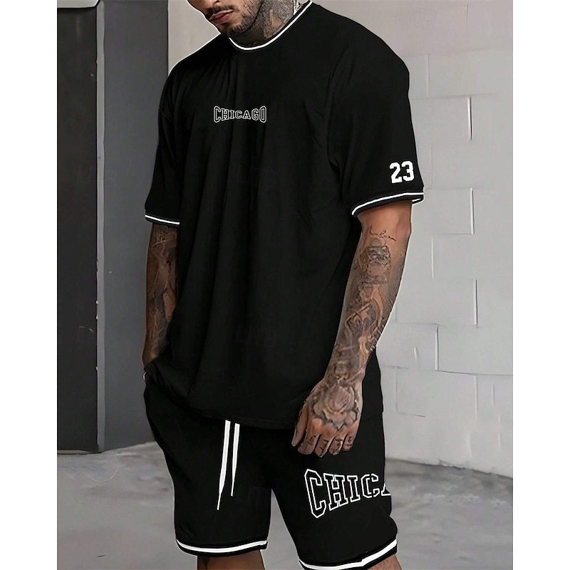 Men's Tracksuit Outfit Set Shorts Crew Neck Outdoor Daily Sports Pocket Drawstring 2 Piece Graphic Letter Black White Light Green Polyester Activewear Streetwear Casual Summer4