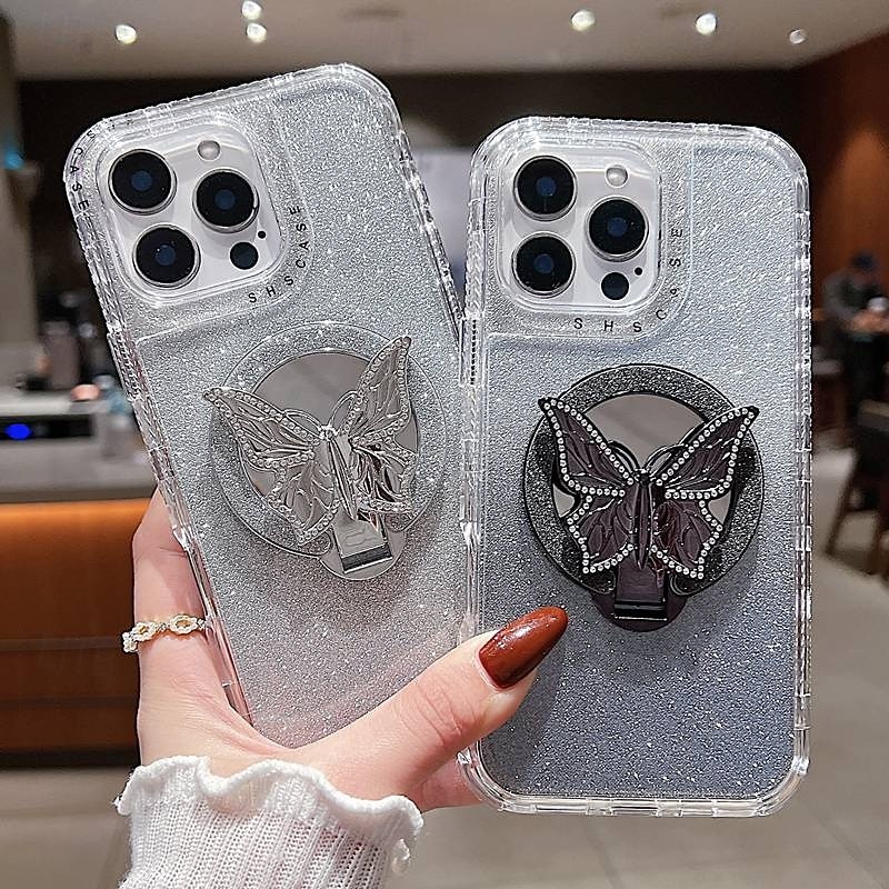 Phone Case For iPhone 17 Pro Max 17 Air 16 15 14 Pro Max Plus 16e 13 12 Pro Max Back Cover with Stand Holder Mirror Magnetic Retro TPU PC3