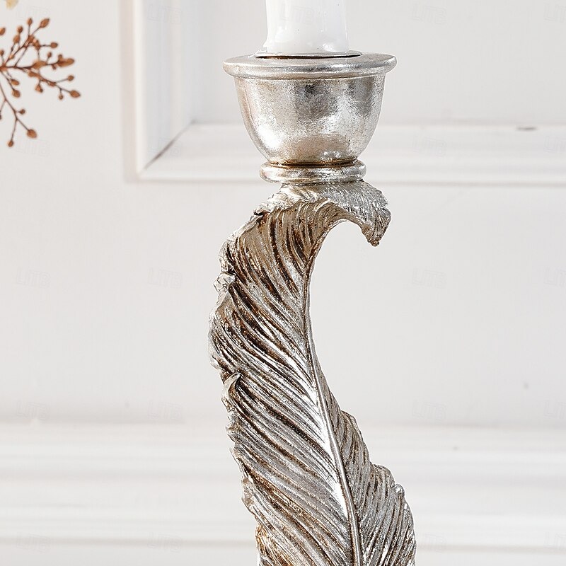Vintage Antique Silver Feather Candle Holder – Rustic Resin Taper Candle Stand for Home, Wedding, Party, and Dining Table Decoration3