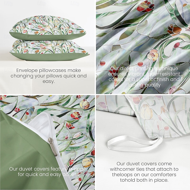Floral Duvet Cover Set 100% Cotton Soft and Breathable Bedding Featuring Stained Glass Flowers Lightweight and Durable Quilt Cover Comfortable for All Seasons Easy to Care3