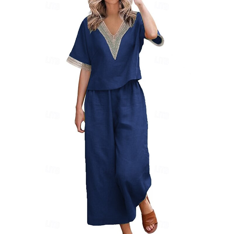 Women's Active Basic Linen-Inspired Sets Two Piece Sets Blouse Half Sleeve V Neck Solid Color Patchwork Holiday Dark Grey Black Dark Navy Summer Regular Fit4