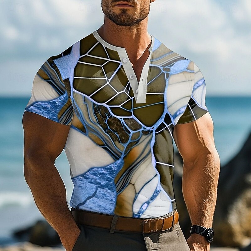 Men's Marble pattern T Shirt Henley Shirt Short Sleeve Designer Retro Vintage Street Casual Daily Summer Spring Dark Brown Navy Blue Coffee Henley Henley T-Shirt4