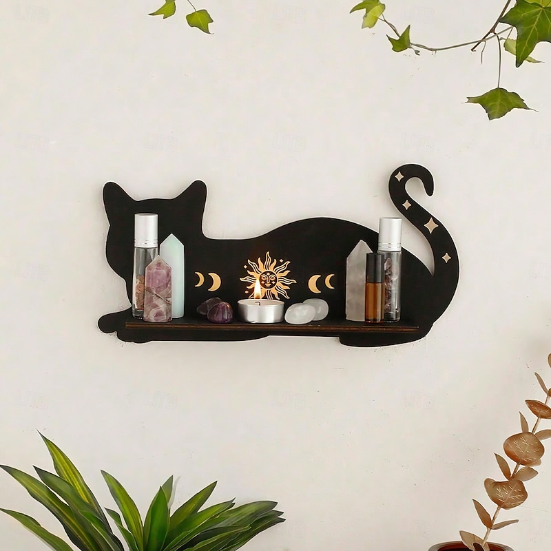 Black Cat Silhouette Wall Shelf with Gold Accents – Boho Wooden Hanging Display for Crystals, Candles, and Decor – Cute Kitty Wall Mounted Rack for Living Room, Bedroom, and Party Decoration4