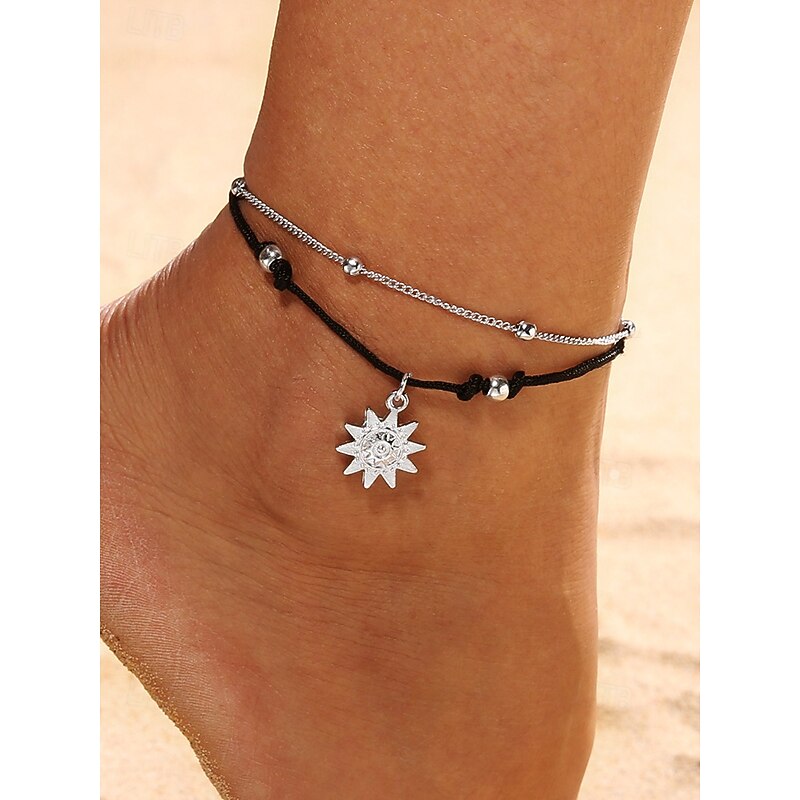 Boho Sun Charm Anklet for Women – Adjustable Layered Beach Foot Jewelry, Silver Chain & Black Cord Ankle Bracelet for Summer, Vacation and Daily Wear2