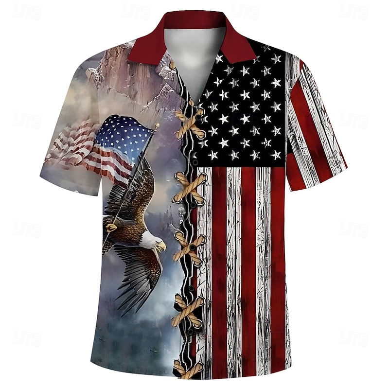 Men's American US Flag Independence Day Patriotic Shirt Casual Shirt Cuban Collar Shirt Short Sleeve Army Militray Holiday Streetwear Summer Spring Camp Collar Shirt 3D Print Red