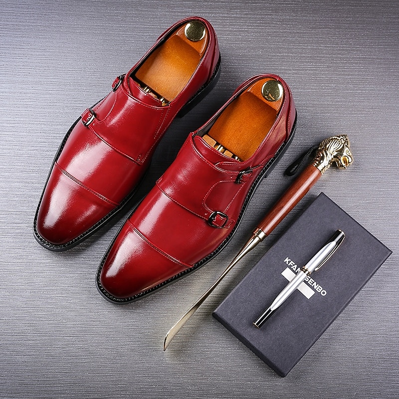 Men's Burgundy Double Monk Strap Faux Leather Shoes - Elegant Slip-On Dress Shoes for Weddings & Formal Occasions3