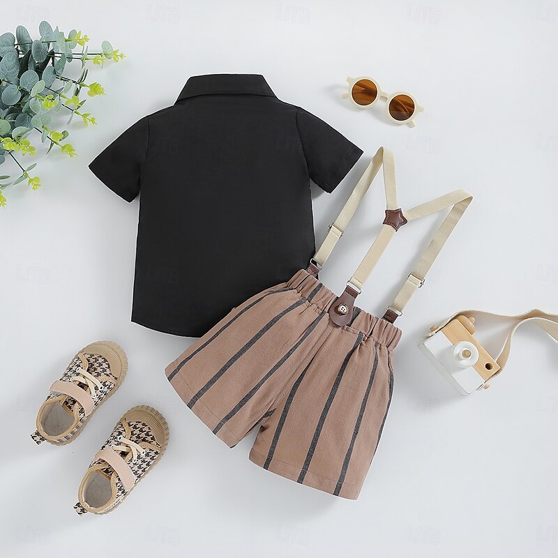 3 Pieces Ring Bearer Suit Boys Kids Toddler Shirt & Shorts School Formal Party Cool Basic Casual Stripe Striped V Neck Black Cotton3