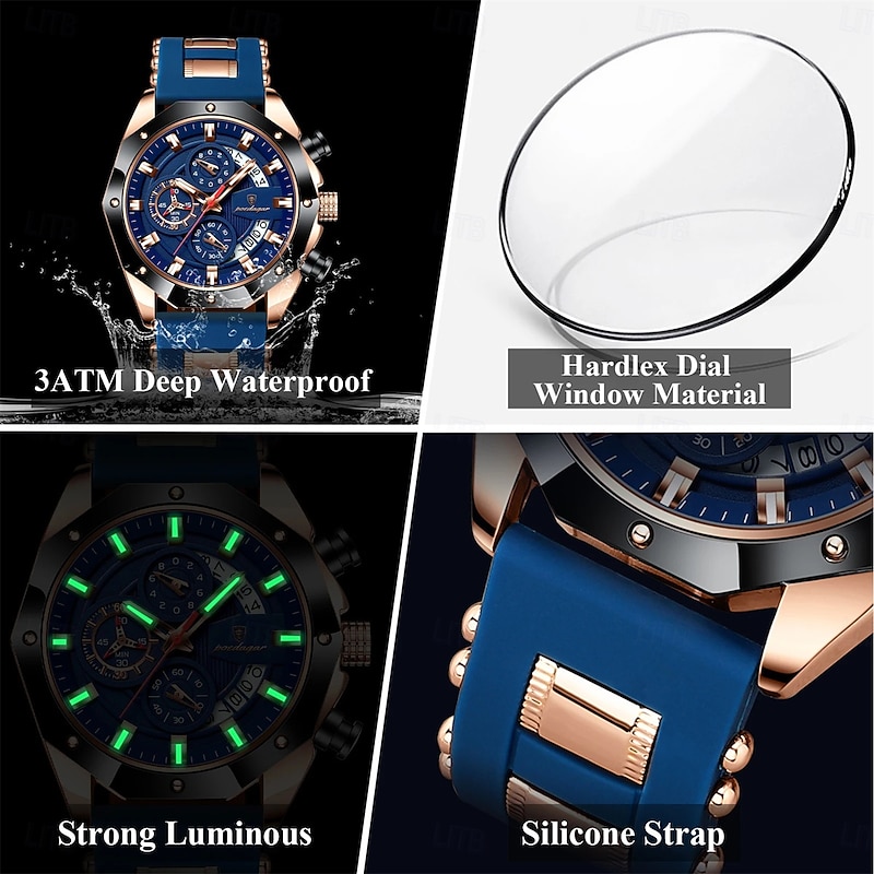 POEDAGAR Fashion Men Watch Waterproof Luminous Chronograph Date Man Wristwatch Silicone Strap Luxury Sports Men's Quartz Watches4