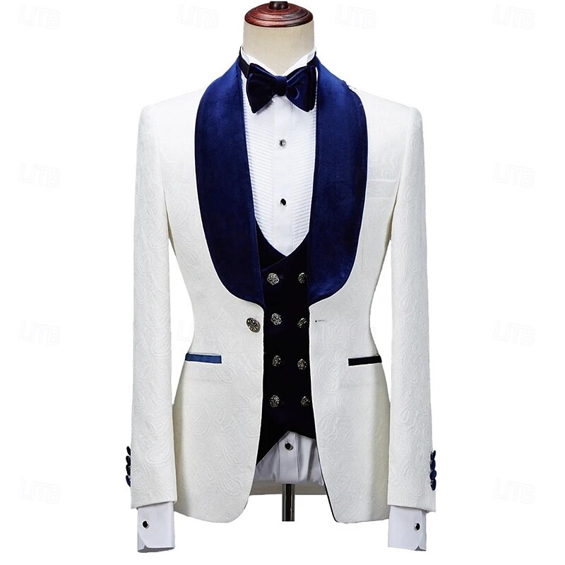 Men's Wedding Prom Party Suits Shawl Lapel Blue Luxury Formal Solid Colored Standard Fit 3 Piece Single Breasted One-button