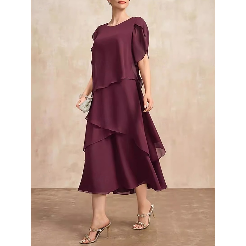 Women's Graduation Dress Midi Dress Solid Color Wine Rose Red Summer Spring A Line Dress Ruffle Dress Work Dresses Semi Formal Formal Work Regular Fit Plain Crew Neck4
