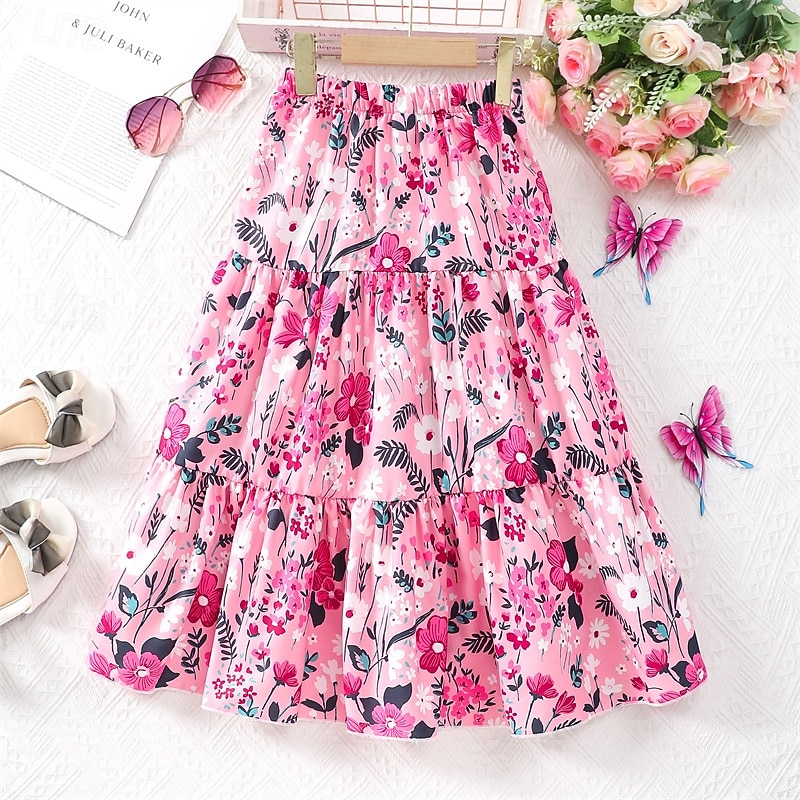 Kids Girls' Skirt Floral Streetwear Patchwork Performance 4 years+ Summer Black Pink2