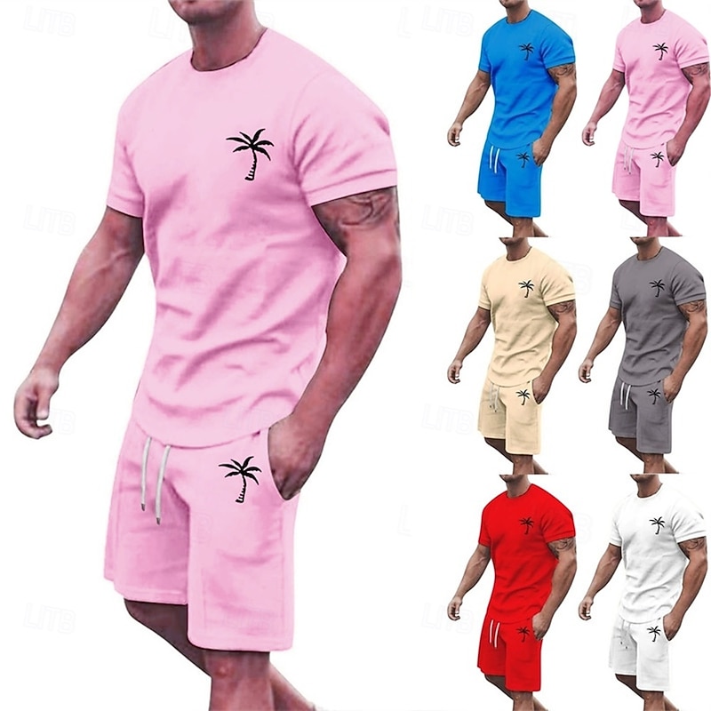 Men's T-shirt Suits 2 Pieces Outfits Tee & Shorts Short Sleeve Crew Neck Summer Coconut Tree Fashion Casual 2 Piece Vacation Daily Wear Going out Black White Yellow Top Tee for Men