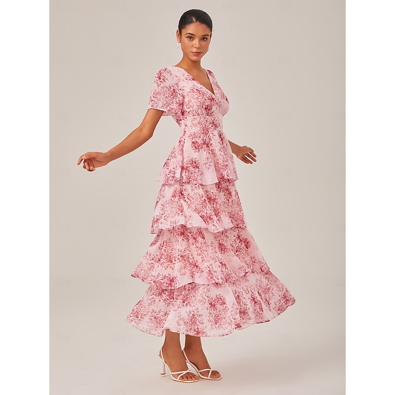Women's Wedding Guest Party Maxi Dress Casual V Neck Short Sleeve A Line Dress Floral Print Layered Ruffle Tiered Elegant Daily Wear Cake Skirt Waist Slim Fit Long Dress