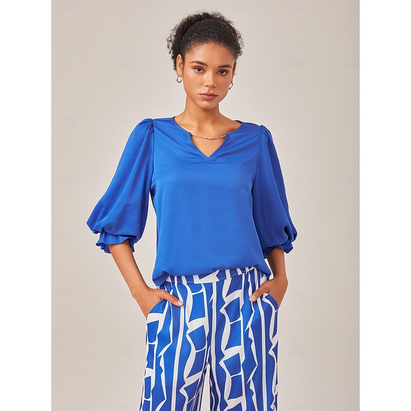 Elegant Vacation-Style Blue Top &  Wide leg Pants Set4