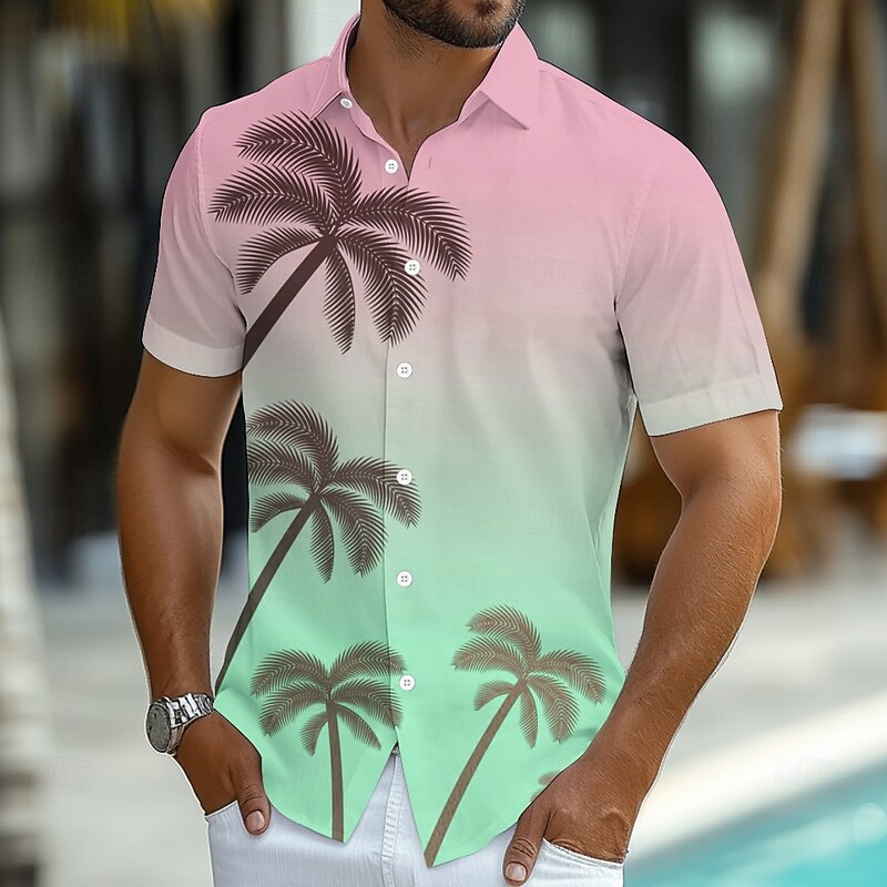 Men's Coconut Tree Gradient Color Tropical Plants Shirt Summer Hawaiian Shirt Button Up Shirt Short Sleeve Hawaiian Vacation Holiday Beach Wear Summer Spring Turndown 3D Print Collared Shirts Pink2