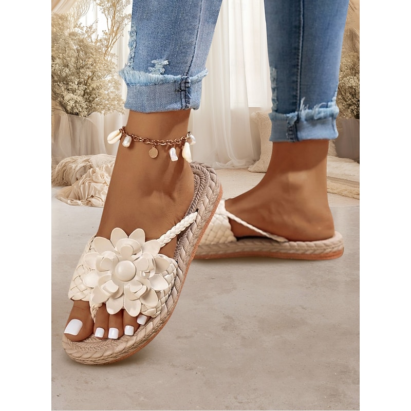 Women's Bohemian White Woven Sandals with Floral Accents – Stylish and Comfortable Summer Slip-On Sandals for Beach Vacations and Casual Wear2