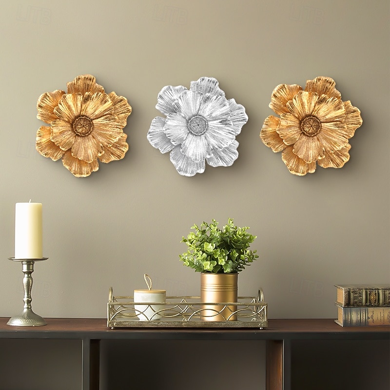 Vintage Large Flower Wall Decor, Gold Silver White Resin Wall Hanging, 3D Floral Wall Art for Home, Living Room, Bedroom Decoration3