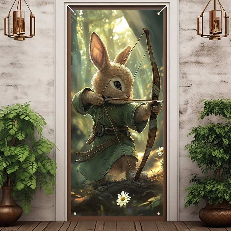Hunter Rabbit Animal Door Decorations Door Covers Door Tapestry Door Curtain Decoration Backdrop Indoor/Outdoor Door Banner for Front Door Farmhouse