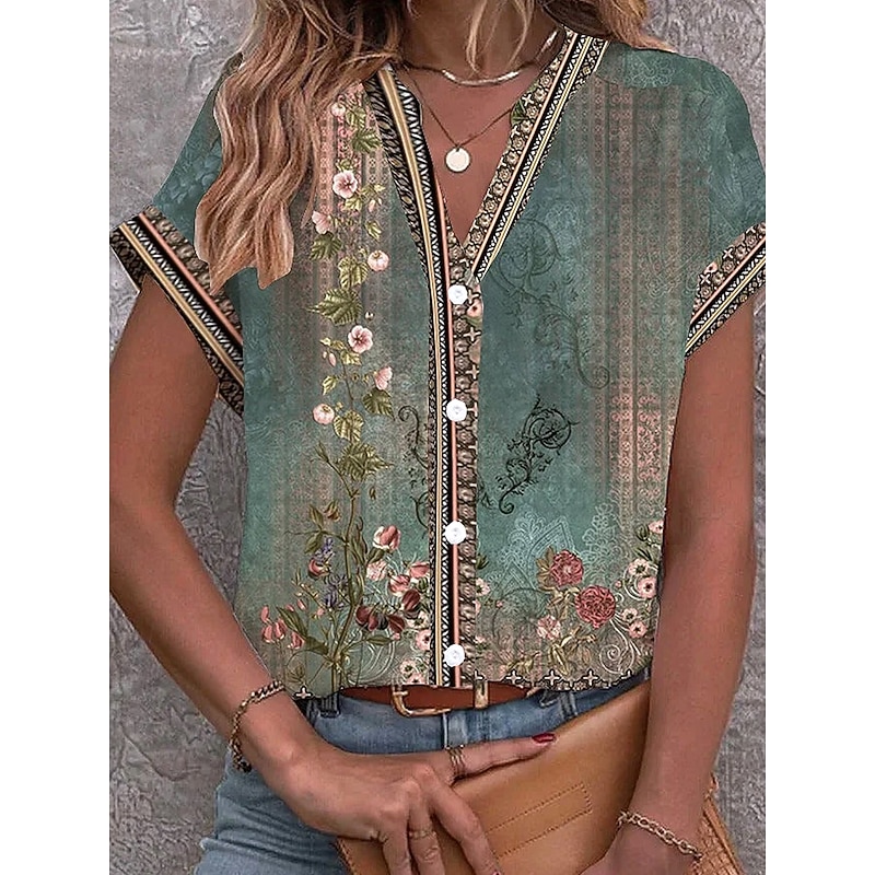 Women's Blouse V Neck Button Down Blouse Floral Graphic Vintage Stylish Ethnic Short Sleeve Notched Neck Regular Tops Daily Buttons Print Sage Green Summer Spring