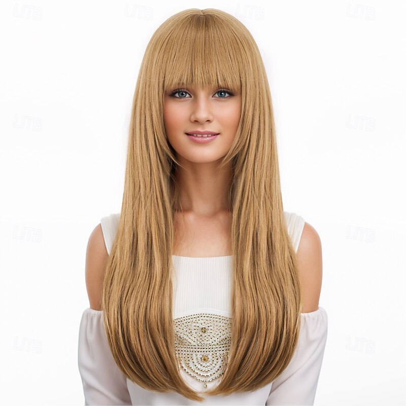 Synthetic Wig Bouncy Curl kinky Straight Layered Haircut With Bangs Machine Made Wig 24 inch A1 A2 Synthetic Hair Women's Classic Comfortable Color Gradient Ombre Brown3