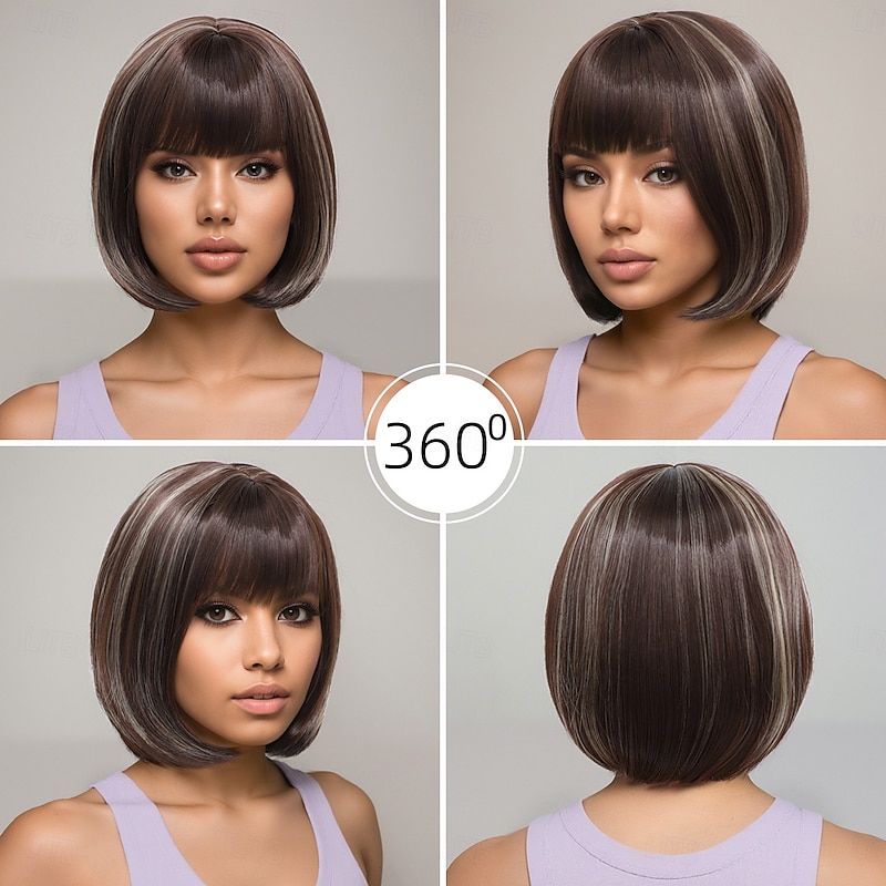 Synthetic Wig kinky Straight Natural Straight Asymmetrical Neat Bang Machine Made Wig 12 inch A1 Synthetic Hair Women's Classic Adorable Comfortable Dark Gray3