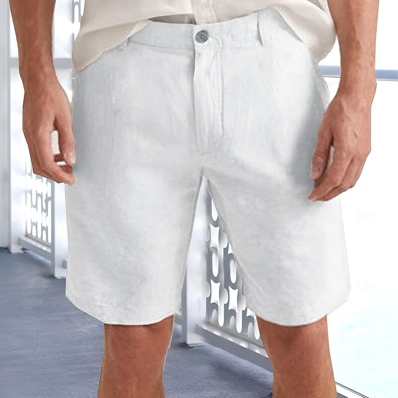 Men's Shorts Linen Shorts Dress Shorts Summer Shorts Beach Shorts Zipper Buttons Pocket Plain Comfort Breathable Knee Length Outdoor Business Daily Fashion Casual Black White Inelastic3