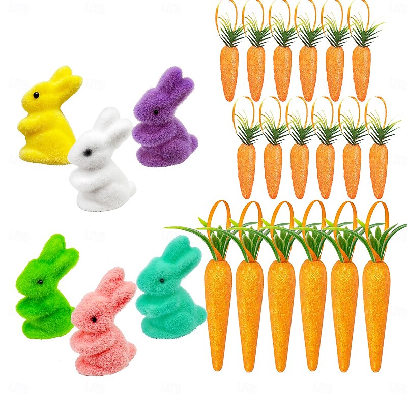 24pcs/set Easter Foam Flocked Bunny Ornaments Set, Glitter Carrot Hanging Decorations Set, Festive Party Decor for Easter Tree, Home, Spring Celebration3