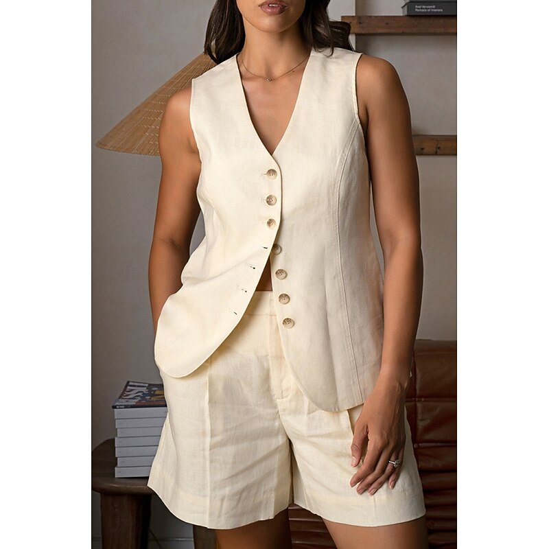 Women's Active Basic Blouse Shorts Sets Sleeveless V Neck Solid Color Dubbele Rij Knopen Casual Daily Weekend Black White Brown Summer Regular Fit2
