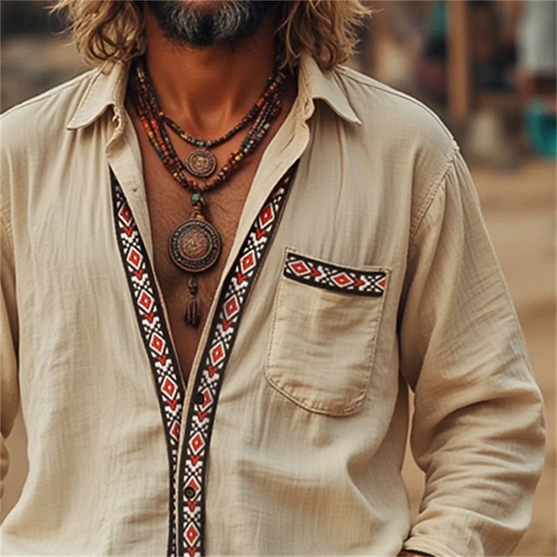 Men's Shirt Summer Shirt Beach Shirt Retro Shirts Vintage Shirt Untucked Shirts Solid Color Vacation Holiday Khaki Long Sleeve Clothing Apparel2