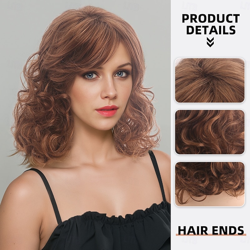 Synthetic Wig Bouncy Curl Deep Wave Side Part Asymmetrical Machine Made Wig 14 inch A1 Synthetic Hair Women's Classic Comfortable Color Gradient Brown2